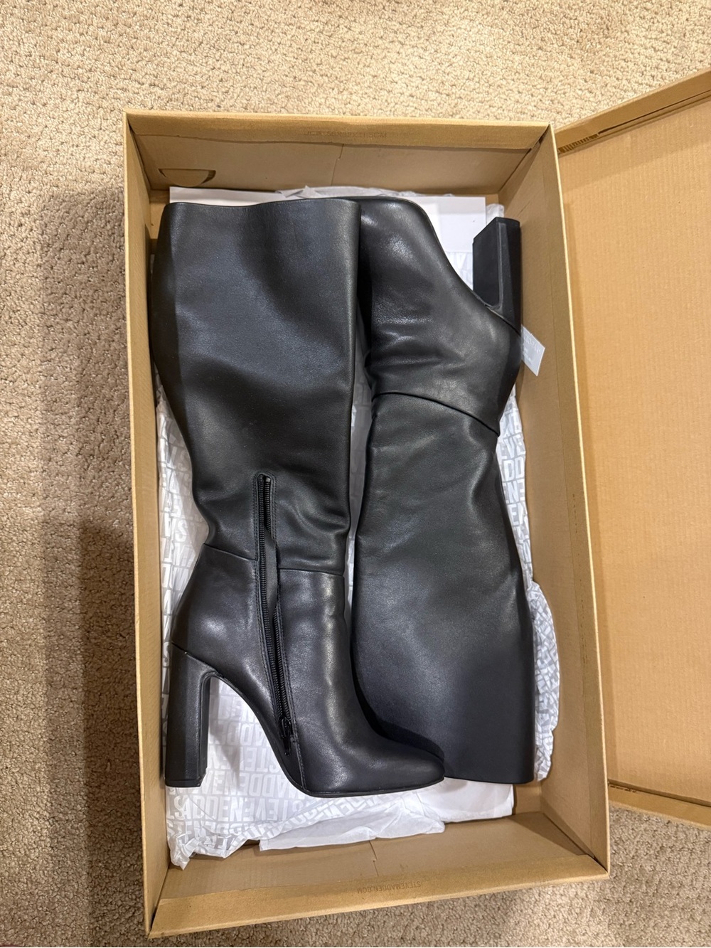 Steve Madden Black Leather Knee-High Block Heel Boots